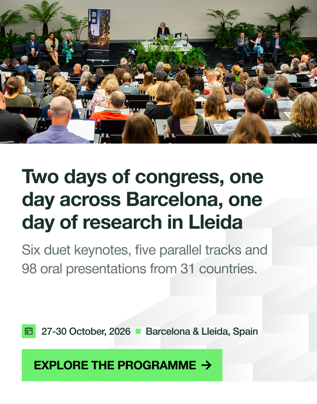 Two days of congress, one day across Barcelona, one day of research in Lleida — Six duet keynotes, five parallel tracks and 98 oral presentations from 31 countries.